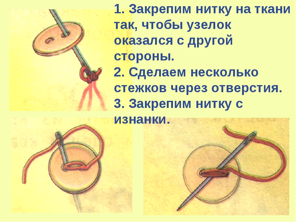 Иголка с ниткой на полу. Нитку закрепляют на ткани. Узел для нитки с иголкой. Завязывание узелка на нитке. Закрепить нитку без узелка на ткани.